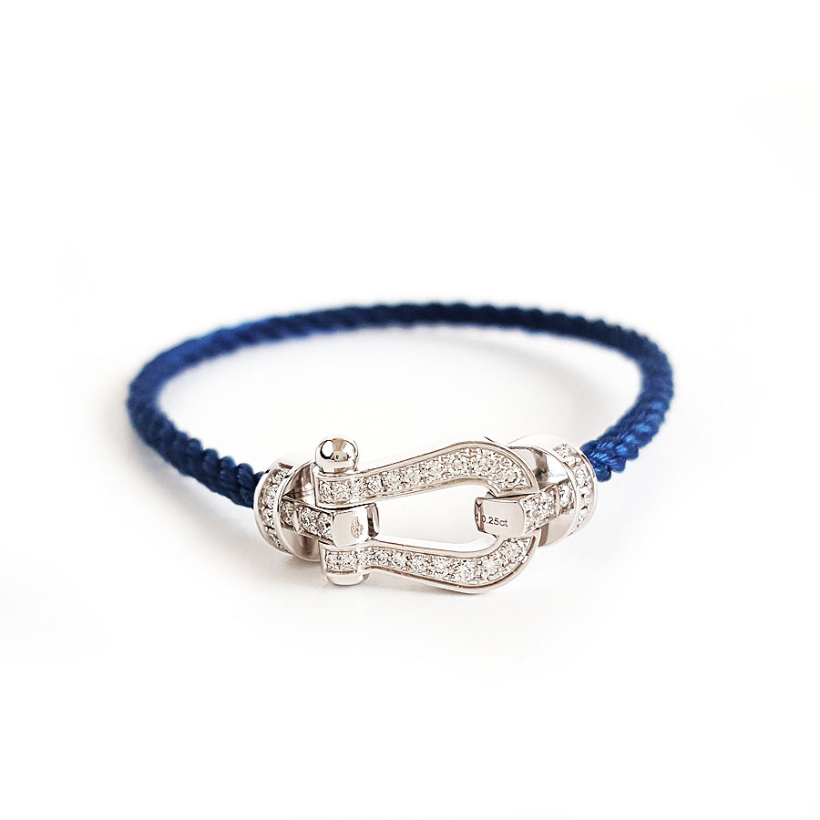 【98新】FRED斐登Force 10系列0B0077中号18K白金满钻Force 10蓝色链绳马蹄扣手链中性款120326TJ01