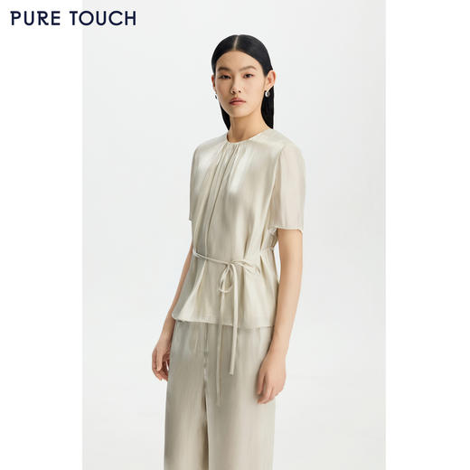 PURE TOUCH女装26春夏新款水银纱短袖上衣珠光圆领抽褶飞袖半袖衫 商品图4