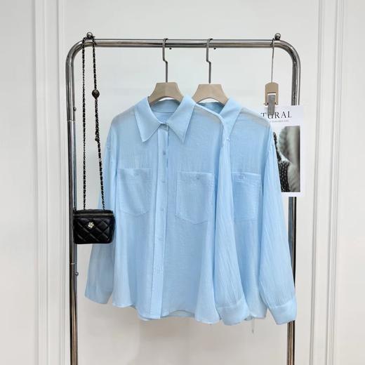 F031884春夏新款苎麻棉宽松排扣轻薄通透苎麻薄荷Baby蓝衬衫 商品图0