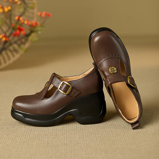 【预售5天】厚底真皮复古防水台山茶花圆头增高舒适学院风松糕鞋YJY&K20-6 商品图6
