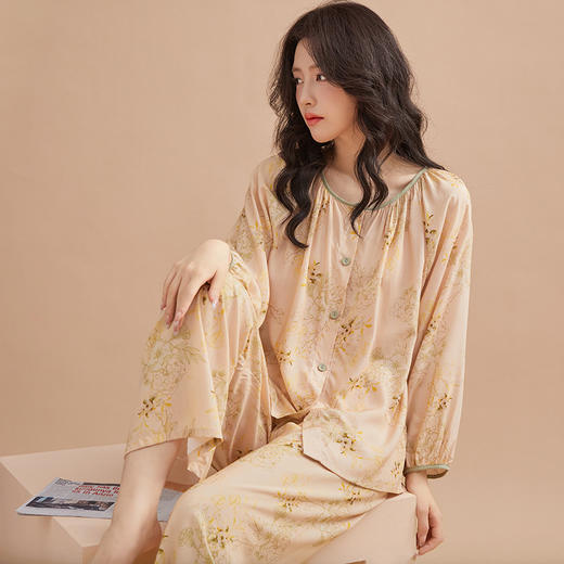 「数款可选！春夏新款」睡衣女士长袖长裤40支全人棉绸开衫套装国风印花舒适睡衣内衣 商品图0