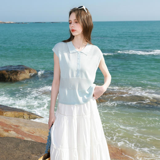 三彩2026夏季新款翻领短袖针织衫套头轻薄绣花上衣肌理套头衫M 商品图2