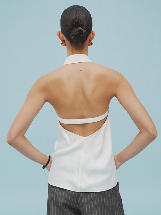 TR她热 白领佳人 白色衬衫式翻领露背通勤休闲显瘦挂脖背心上衣 商品图2