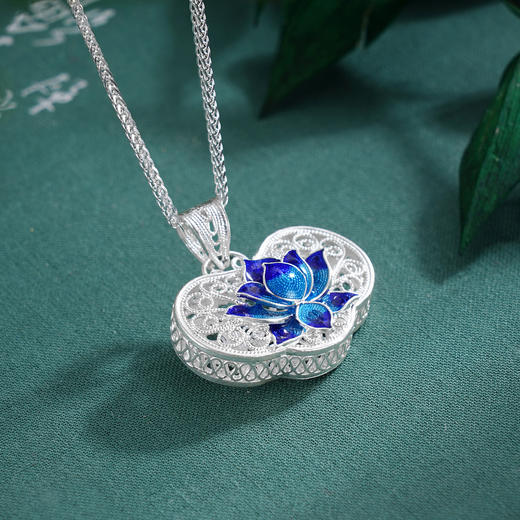 子佩集S990银【荷花福来】套链项链【MXDZ021】纯银花丝蓝色莲花荷花2509 商品图2