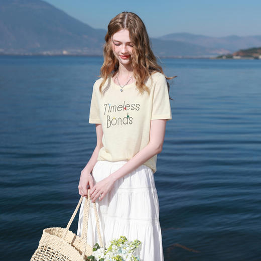 三彩2026夏季新款撞色字母绣花短袖针织衫圆领套头轻薄上衣简约M 商品图1