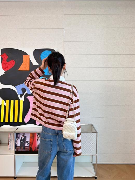 普拉达 最新款✨粉棕撞色条纹POLO衫 商品图7