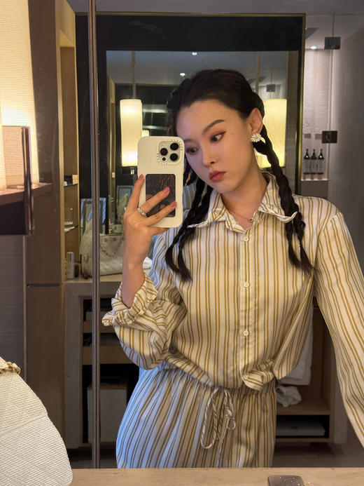 DUO智仙生 黑标 智性恋黄色条纹明媚丝质衬衫和花边蕾丝裙套装 商品图1