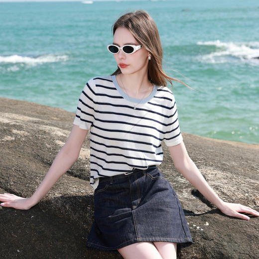 【莱赛尔】三彩2026夏季新款条纹短袖针织衫圆领套头小衫上衣M 商品图1