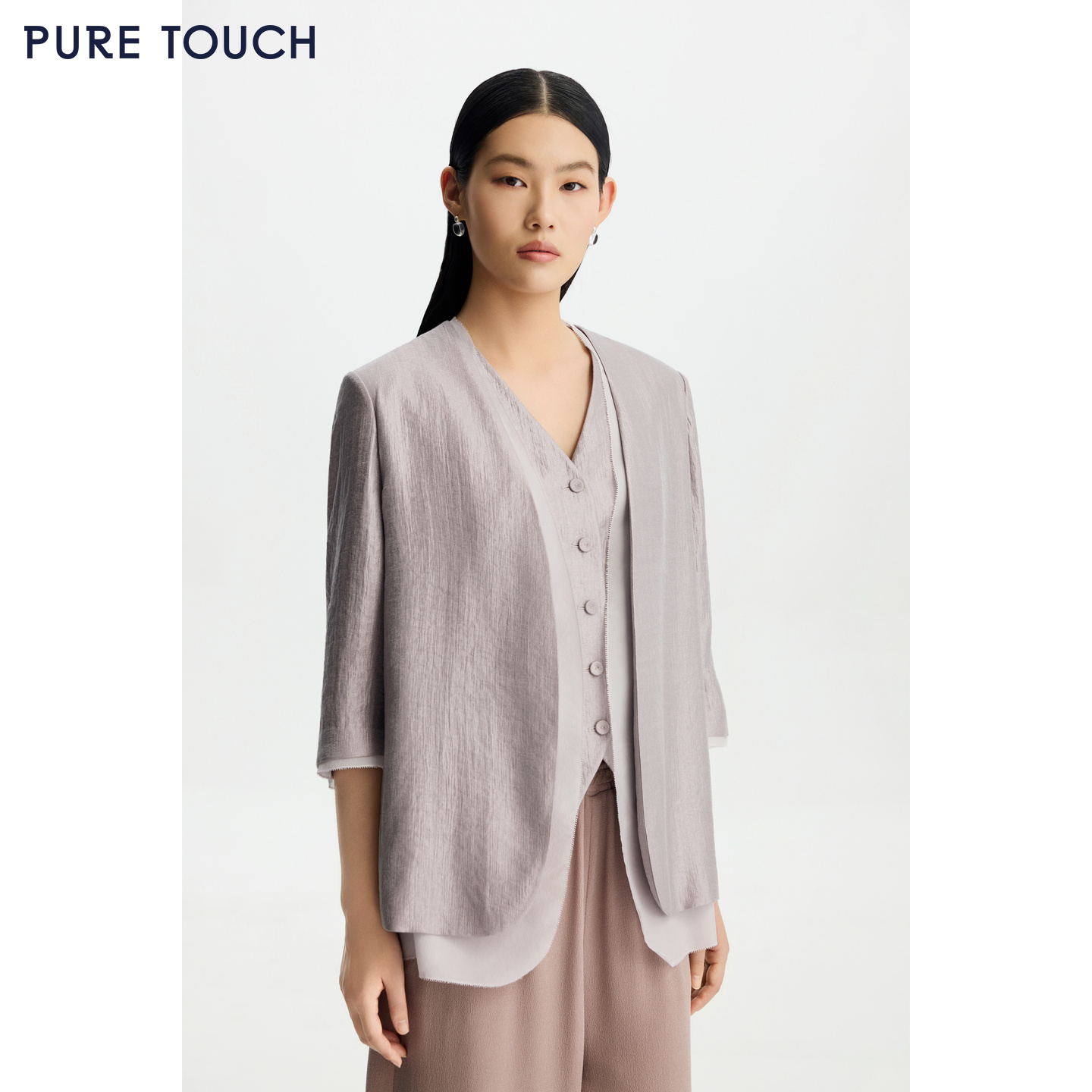 PURE TOUCH女26春夏新款七分袖v领西服外套双层时尚珠光开襟西装