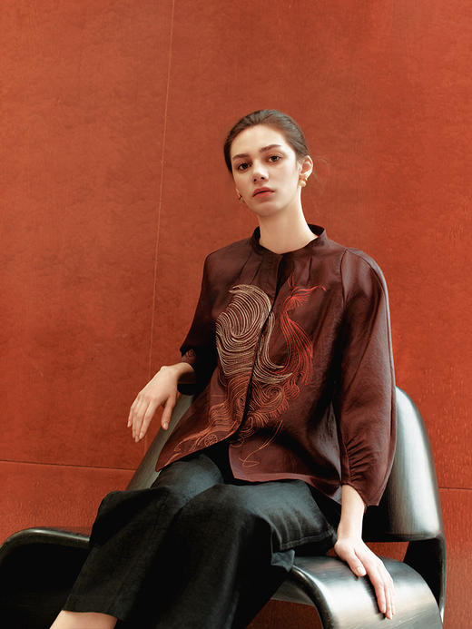 【复古桑蚕丝提花衬衫】26年春夏新品100%桑蚕丝上衣凤凰图案上衣 商品图0