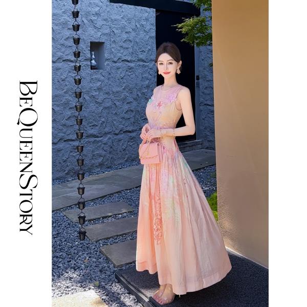 【孤品样衣，不退不换】【诺曼花园】轻盈透气天丝亚麻混纺圆领背心粉色花朵连衣裙