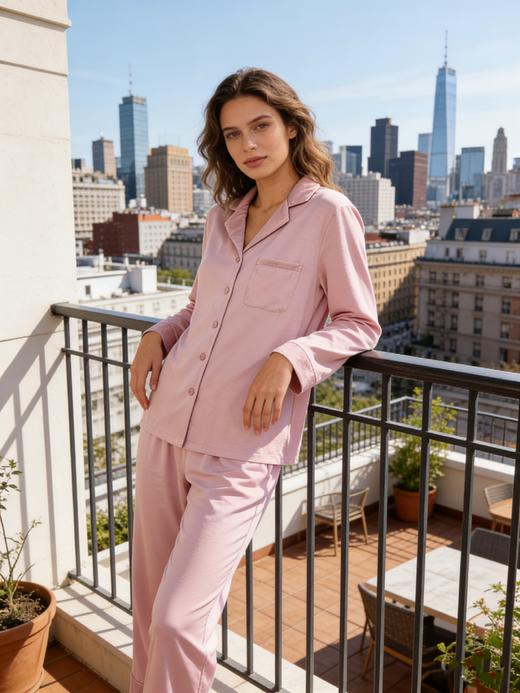 【双皮奶丝】SCHIESSER德国舒雅莫代尔氨纶双面，翻驳领开衫套装，领子袖口，袋口增加顺色压皱仿真丝面料装饰31/25576H 商品图3