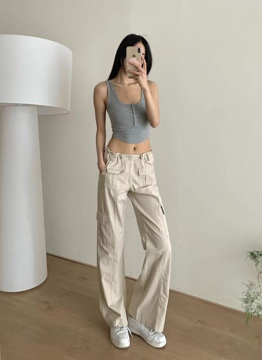 F0318122两色可选多口袋设计微喇阔腿松紧抽绳工装裤 商品图9