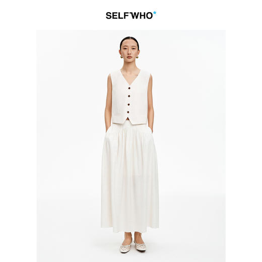 SELFWHO亚麻混纺米白色A字半身裙女2026夏季新款碎褶显瘦伞摆长裙 商品图3