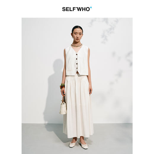 SELFWHO亚麻混纺经典V领马甲女2026夏新款宽松单排扣外穿马夹上衣 商品图3