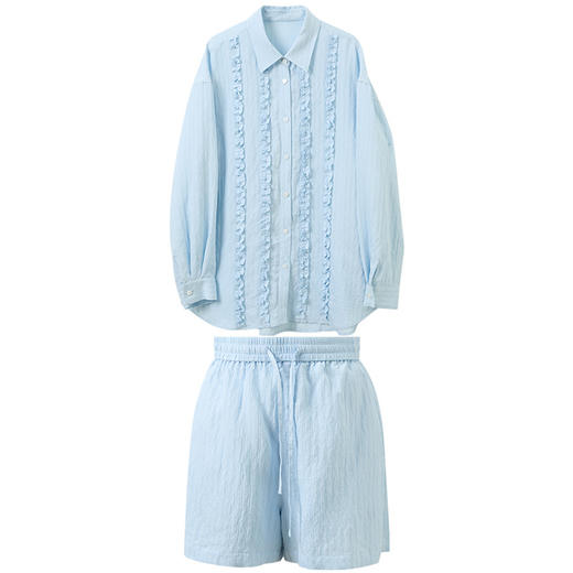 三彩2026夏季新款休闲两件套木耳边衬衫上衣高腰宽松短裤套装M 商品图4