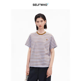 SELFWHO纯棉笑脸标撞色条纹短袖T恤女2026夏新款正肩圆领上衣