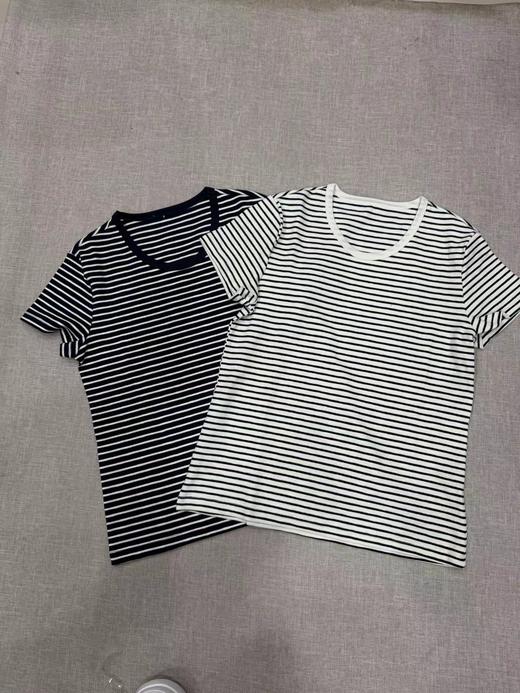 F0318116春夏新款棉氨混纺竹节棉T贝壳扣撞色条纹T恤 商品图0