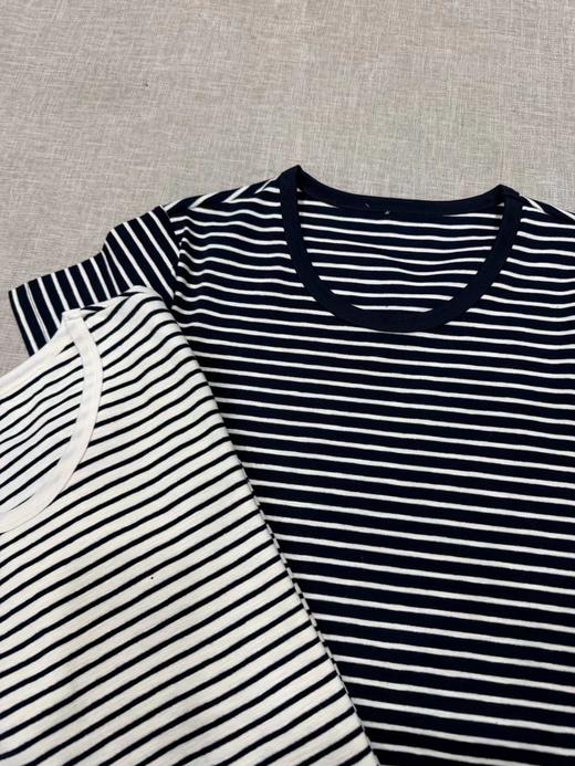 F0318116春夏新款棉氨混纺竹节棉T贝壳扣撞色条纹T恤 商品图3