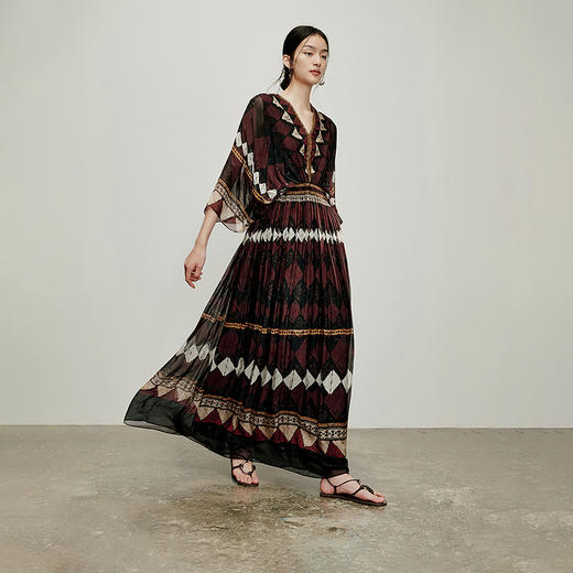 【林栖设计小店】地色几何|暗红色复古气质显瘦2026夏新款印花真丝连衣裙1962199 商品图10
