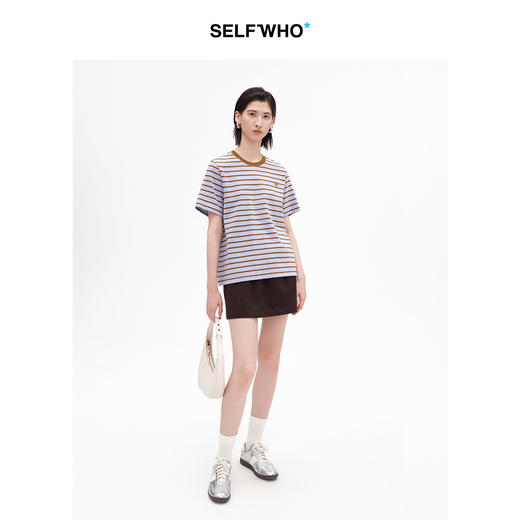 SELFWHO纯棉笑脸标撞色条纹短袖T恤女2026夏新款正肩圆领上衣 商品图4