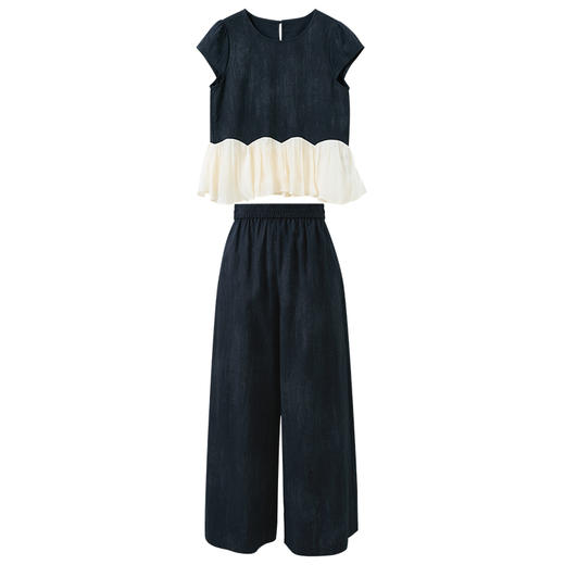 三彩2026夏季新款休闲两件套圆领短袖上衣高腰宽松九分裤套装M 商品图4