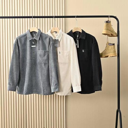 F031842春秋新款男士灯芯绒复古纯色宽松条纹衬衫上衣 商品图0