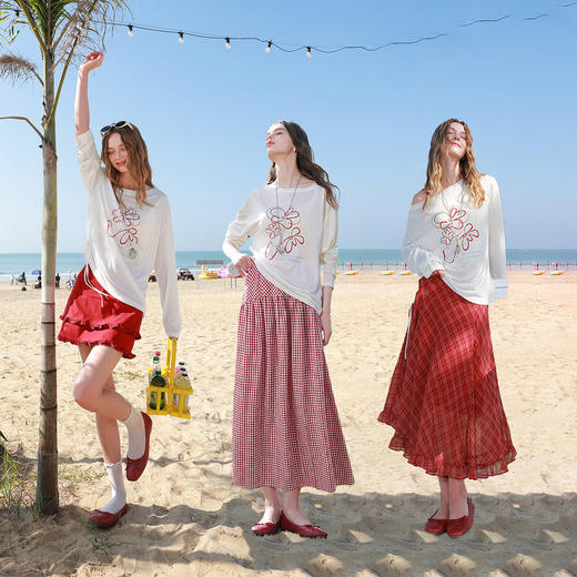 【莱赛尔】三彩2026夏季新款休闲花朵印花绣花T恤圆领套头罩衫M 商品图1