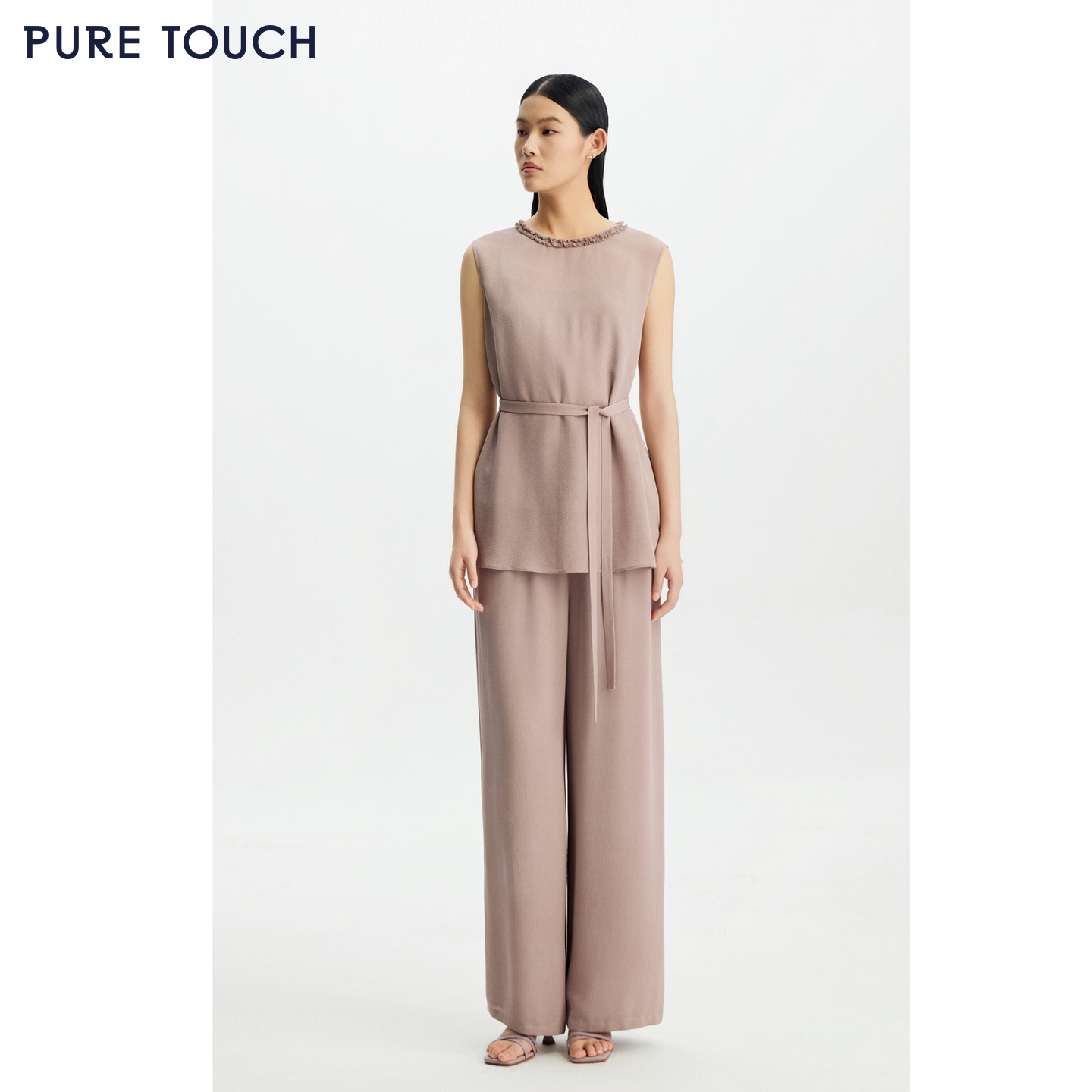 PURE TOUCH女26春夏新款真丝鬼绉桑蚕丝直筒阔腿裤松紧高腰休闲裤