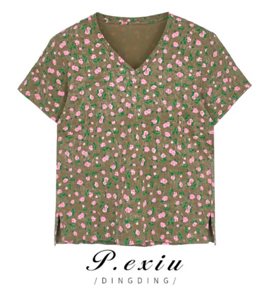 03-3潘依绣丁丁宠粉夏季复古文艺田园碎花V领显瘦百搭短袖T恤W-61277 商品图0