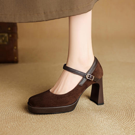 【预售5天】复古防水台高跟鞋女粗跟新款真皮方头一字带玛丽珍鞋不累脚MLD&AM999 商品图0