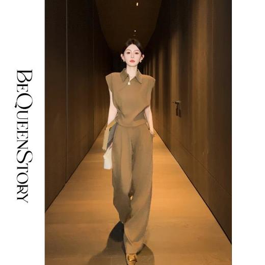 【大货捡漏，不退不换】  【精英气场】透气舒适斜纹翻领垫肩马甲上衣&阔腿捏褶休闲裤 商品图3