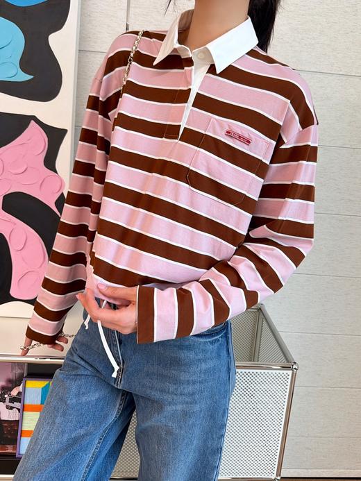 普拉达 最新款✨粉棕撞色条纹POLO衫 商品图4