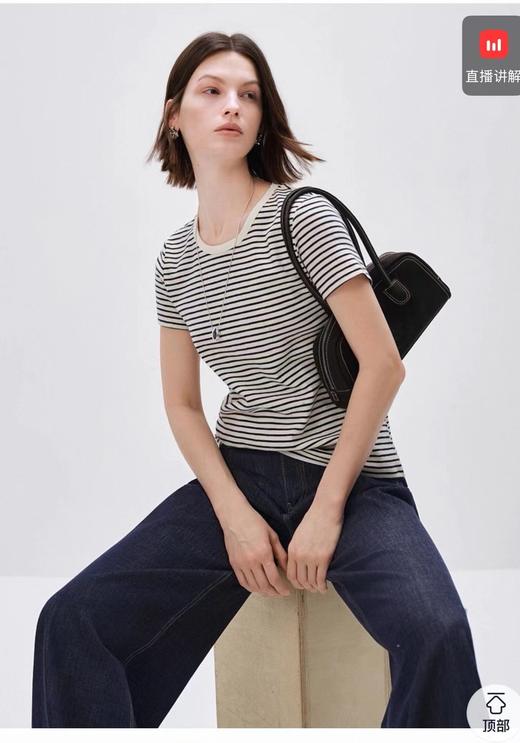 F0318116春夏新款棉氨混纺竹节棉T贝壳扣撞色条纹T恤 商品图13