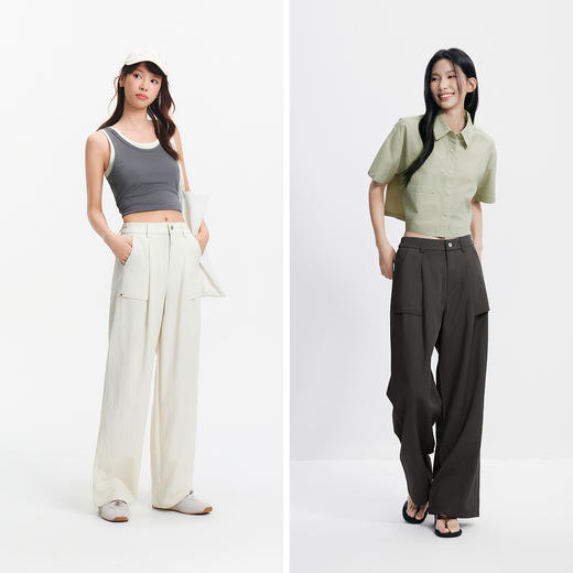 森马休闲裤女夏季肌理宽松打褶拖地裤半松紧腰松弛感工装风阔腿裤 商品图4