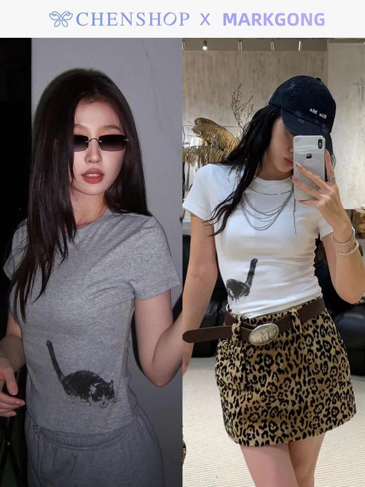 F031829时尚百搭虞书欣同款紧身小猫咪印花圆领短袖T恤 商品图7