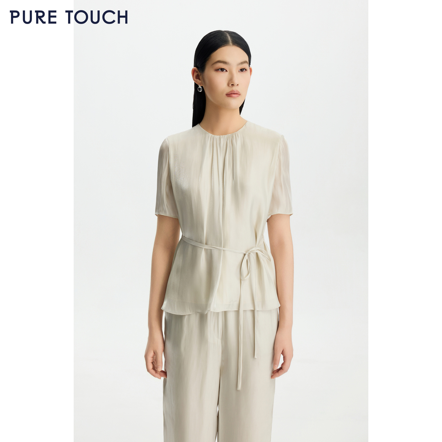 PURE TOUCH女装26春夏新款水银纱短袖上衣珠光圆领抽褶飞袖半袖衫