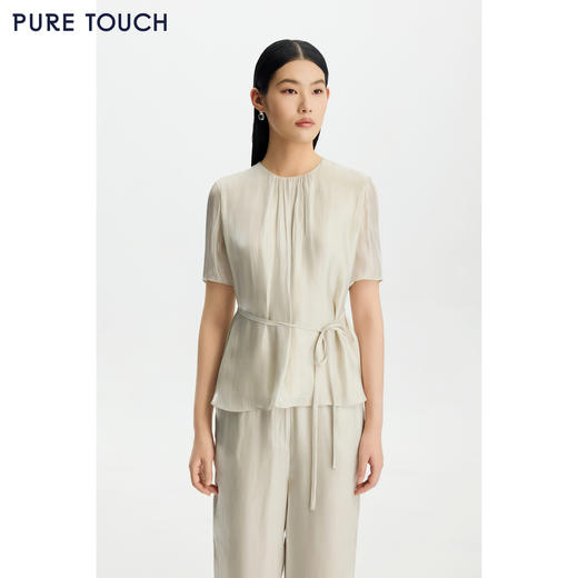 PURE TOUCH女装26春夏新款水银纱短袖上衣珠光圆领抽褶飞袖半袖衫 商品图0