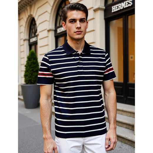 100%液氨棉男士修身时尚撞色条纹款休闲百搭翻领短袖T恤   XLM-CAC8687213 商品图3