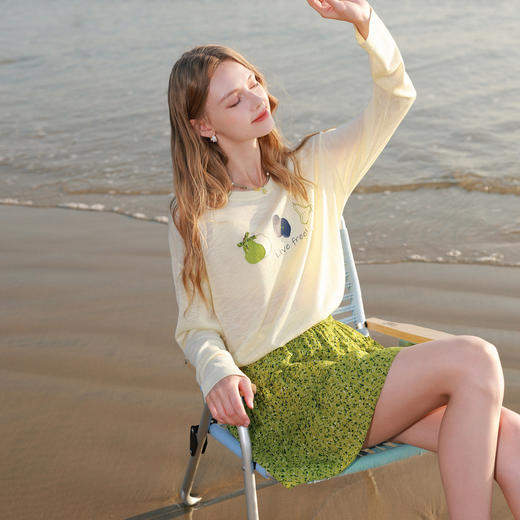 三彩2026夏季新款水果印花罩衫针织衫圆领套头落肩袖上衣简约M 商品图2