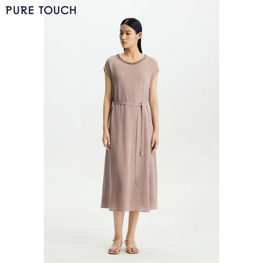 PURE TOUCH女26春夏新款木耳边连衣裙真丝鬼绉桑蚕丝系带中长裙 商品图1