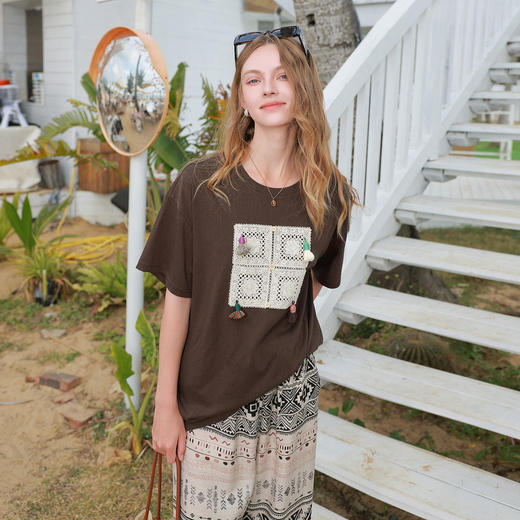 三彩2026夏季新款水溶花边流苏圆领落肩短袖T恤宽松套头上衣M 商品图1