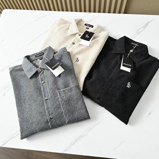 F031842春秋新款男士灯芯绒复古纯色宽松条纹衬衫上衣 商品图2