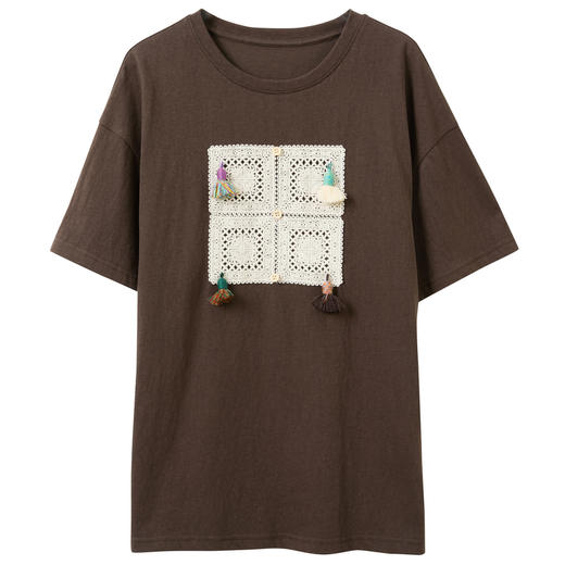 三彩2026夏季新款水溶花边流苏圆领落肩短袖T恤宽松套头上衣M 商品图4