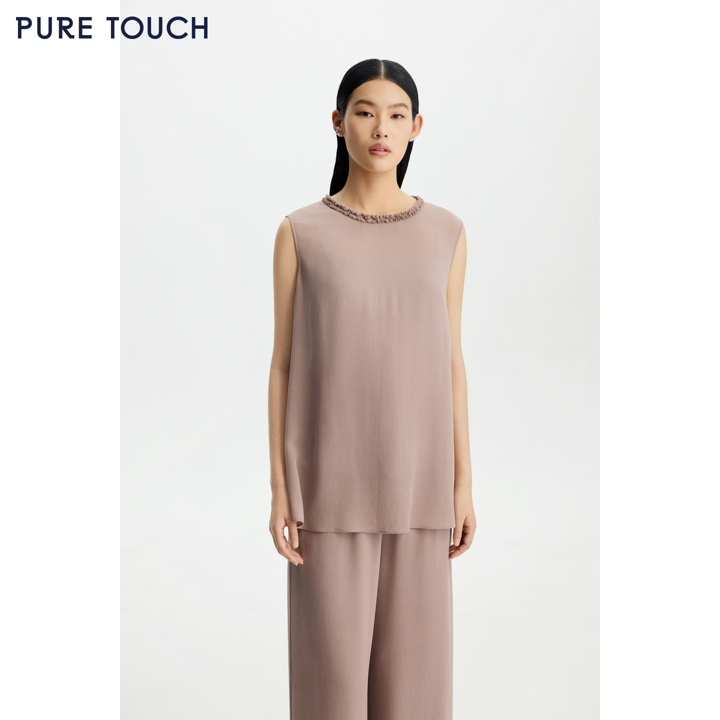 PURE TOUCH女装26春夏新款真丝鬼绉桑蚕丝无袖上衣系带花边领T恤