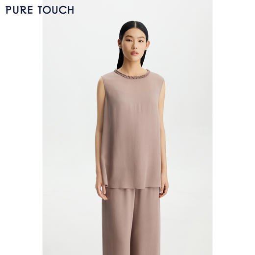 PURE TOUCH女装26春夏新款真丝鬼绉桑蚕丝无袖上衣系带花边领T恤 商品图0