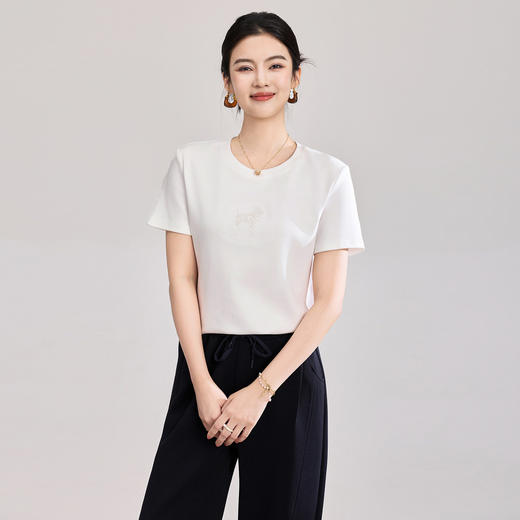 「高货sh」全新升级【铂金会员174/天猫229/差价55】(02702)洛诗琳亮片钉珠弹力棉短袖上衣女2026夏季正肩圆领显瘦T恤 商品图1