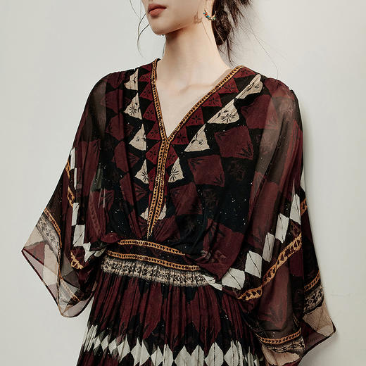 【林栖设计小店】地色几何|暗红色复古气质显瘦2026夏新款印花真丝连衣裙1962199 商品图6