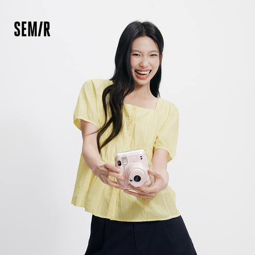 森马短袖衬衫女夏方领泡泡袖纯棉修身绣花衬衣法式温柔小个子上衣 商品图1