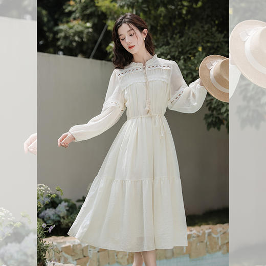 西遇民族风白色长袖连衣裙女2026年春季新款收腰波西米亚大摆长裙SS060231 商品图3